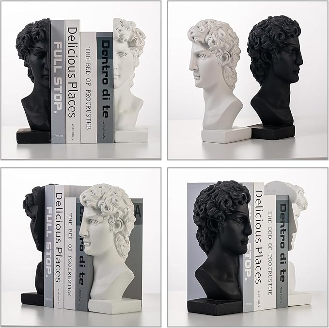 Lukitas David Head Decorative Bookends, Heavy Duty Half-and-Half Book Ends Non-Slip, Classical Artistic Sculpture for Office Home Bookshelf Decor, Black & White, Resin 9.5''