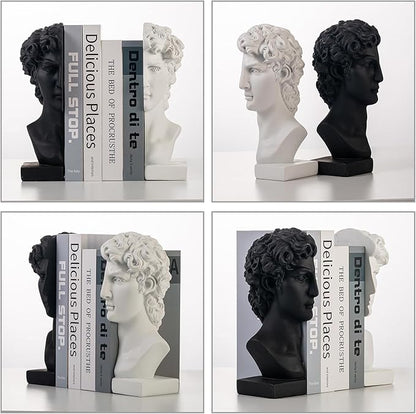 Lukitas David Head Decorative Bookends, Heavy Duty Half-and-Half Book Ends Non-Slip, Classical Artistic Sculpture for Office Home Bookshelf Decor, Black & White, Resin 9.5''