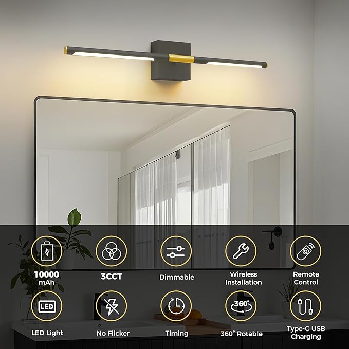 L LOHAS LED Battery Operated Wall Sconces Set of 2, Battery Wall Sconce 10000mAh, Gold and Black Rechargeable Sconces 3CCT, 23.7 Inch Wireless Wall Lights, Sconce Wall Decor for Bedroom, Living Room