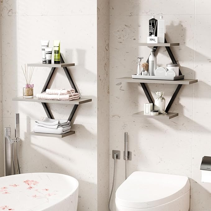 Floating Shelves, Wall Shelf Set of 2, Wall Mounted Shelves, 3-Tier Hanging Wall Shelves for Bathroom, Living Room, Bedroom, Kitchen, Office (Gray)