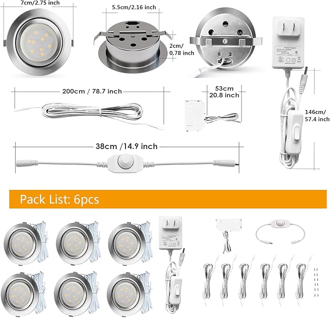 LED Puck Lights Wired Under Cabinet Lighting Dimmable,Recessed Mount,2.5In Hole Halogen Bulb Equiv,12V Under Counter Light Fixture Plug in for Kitchen,Display Shelf,Curio,4000K Daylight White,6pcs