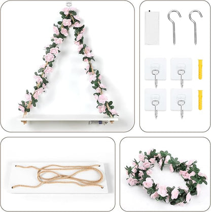 EXIN DECHEN Floating Shelves for Wall No Drilling,Wall Shelves,Hanging Shelf,Leaves and Light Strip with Flower,Set of 2 Plant Decor for Home Livingroom Bedroom,Led Room Decor Aesthetic,Gift