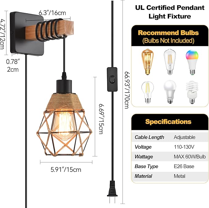 Rustic Wall Sconces Fixtures with Plug in Cord, Set of Two Indoor Vintage Rattan Wall Light Industrial Lamp Fixture Farmhouse Metal Sconces Light for Bedroom Bedside Living Room