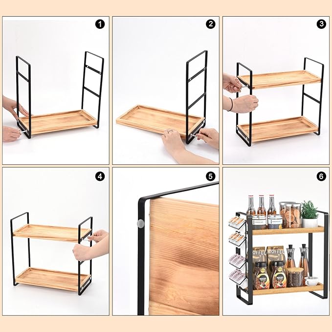 Coffee Station Organizer for Counter,Condiment Storage Caddy for Kitchen,2 Tier Wooden Shelf for Coffee Bar Accessories,Coffee Bar Organizer for Kitchen, Home, Office-Brown