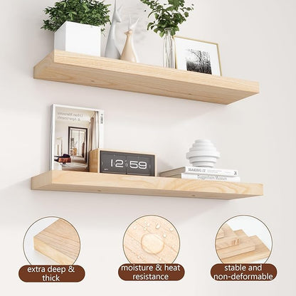 fuqing 30 Inch Floating Shelves | Natural Wood Wall Shelves Set of 2 | 30" W x 6.7" D Natural Wooden Floating Shelves for Living Room Bedroom Home Office