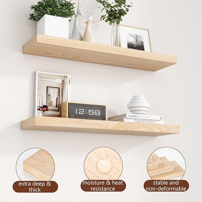 fuqing 30 Inch Floating Shelves | Natural Wood Wall Shelves Set of 2 | 30