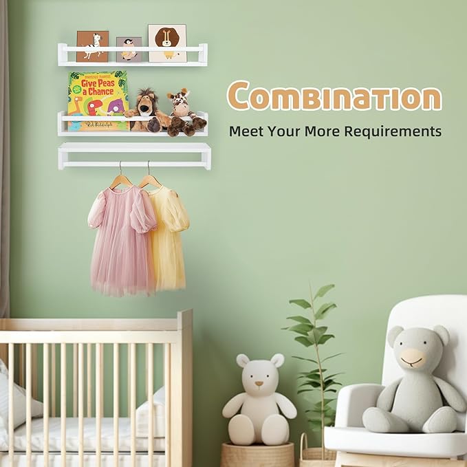 Floating Book Shelves for Wall, 23.6 inch Natural Wood Nursery Shelves for Book Storage, Solid Pine Wooden Floating Bookshelf for Bedroom Living Room, Set of 3, White