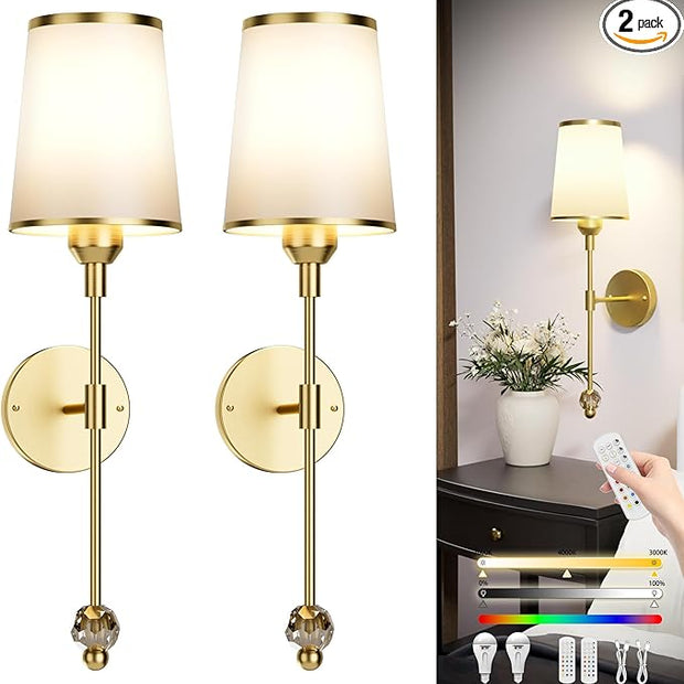 PAIHOME Gold Wall Sconces Set of Two, Wireless Battery Operated Wall Sconces with 5000mAh Dimmable 15 Colors Bulb and Remote, Rechargeable Wall Sconce for Bedroom Living Room Bathroom Hallway