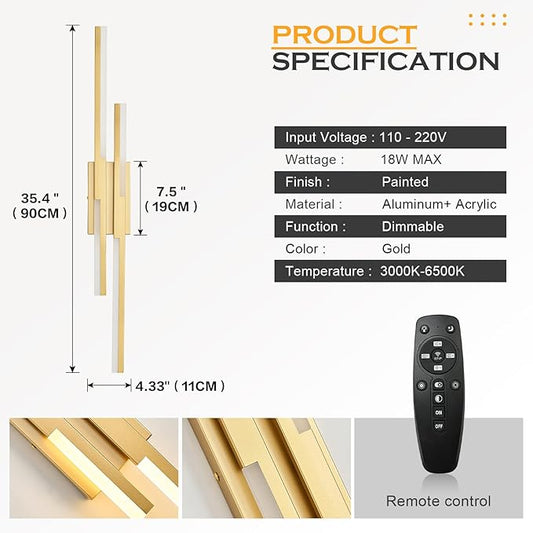 Modern LED Wall Sconce Gold Remote Wall Light Fixtures for Bathroom, Dimmable Vanity Light Indoor LED Remote Wall Sconce for Living Dining Room Bedside Bedroom (3000-6500K 35.4inch)