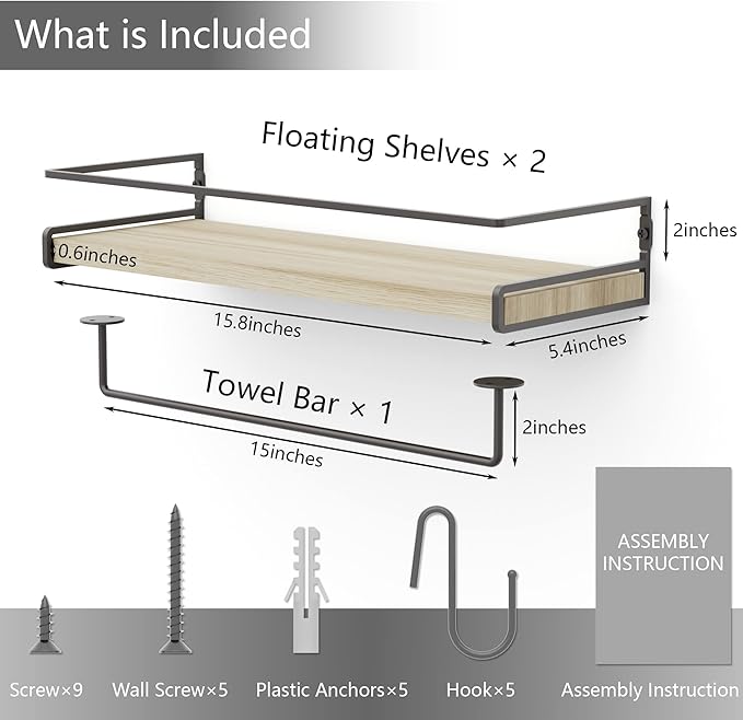 Wall Decor Floating Shelves, Home Decor with Towel Bar/Hooks, Wall Shelves for Bathroom/Living Room/Kitchen/Bedroom, (Black-Natural) Floating Bathroom Shelves