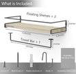 Wall Decor Floating Shelves, Home Decor with Towel Bar/Hooks, Wall Shelves for Bathroom/Living Room/Kitchen/Bedroom, (Black-Natural) Floating Bathroom Shelves