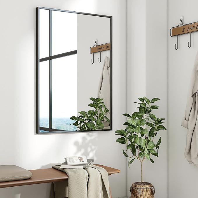 HARRITPURE 24"x32" Framed Bathroom Mirror for Wall Rectangle Mirror Aluminum Alloy Frame Wall-Mounted for Farmhouse Entryway Bedroom Living Room Black