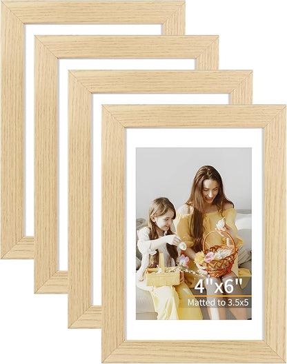 ATOBART 4x6 Picture Frame Set of 4, Displays 3.5x5 with Mat or 4x6 Without Mat, Photo Frames for Wall Hanging or Tabletop, Includes HD Plexiglass, Natural Wood Grain