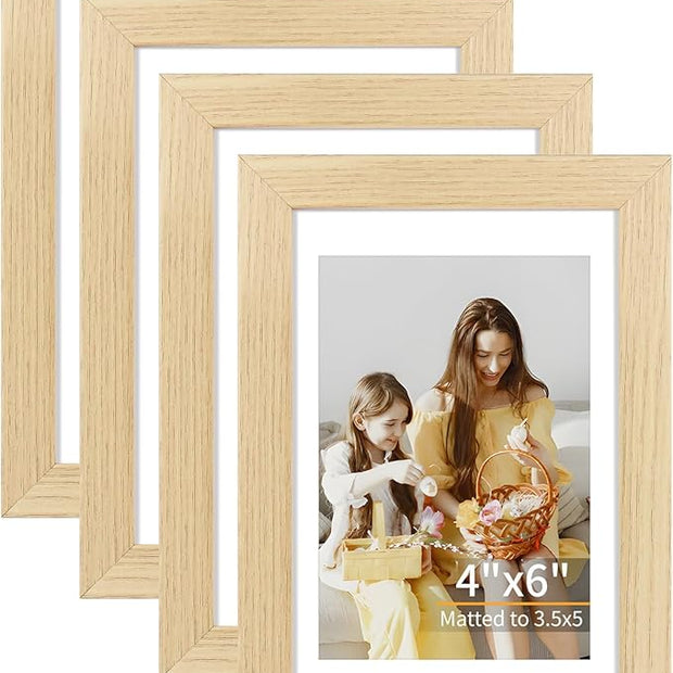 ATOBART 4x6 Picture Frame Set of 4, Displays 3.5x5 with Mat or 4x6 Without Mat, Photo Frames for Wall Hanging or Tabletop, Includes HD Plexiglass, Natural Wood Grain