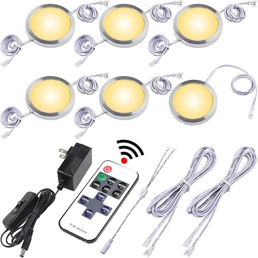 Liquor Cabinet Accent Lighting Kit, Round LED Puck Lights, 110 Volt Plug in, Daisy Chain Linkable, Wireless RF Remote Control Dimmable, Y Splitter, White Cords, Warm White 2700K, 6 Lights