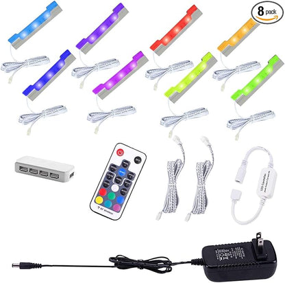 AIBOO LED Glass Shelf Lighting Kit for Glass Edge Back Side Lighting Using Flexible Cable and Clip with RF Remote(8 Lights,RGB)