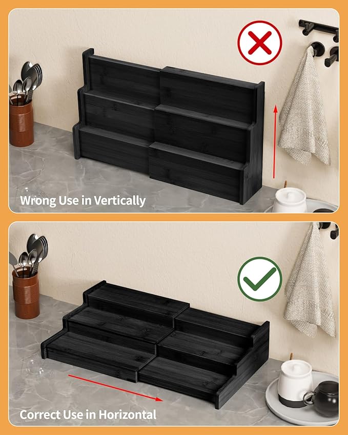 Spice Rack, 3-Tier Expandable Bamboo Spice Rack Organizer for Cabinet - Kitchen, Pantry and Cupboard Storage Organizer-Black