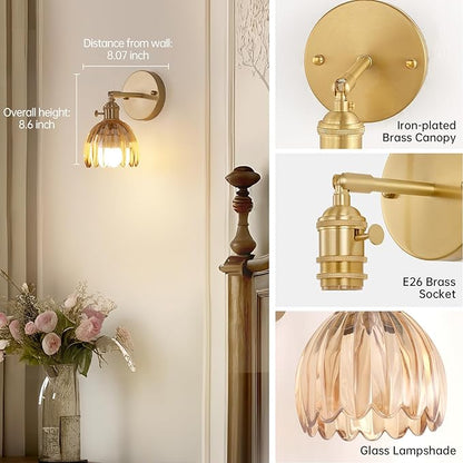 Vintage Battery Operated Wall Sconce with Amber Tulip Glass Lampshade 5000 mAh Rechargeable Battery Powered Wall Light with Remote Control for Bedside Bedroom Doorway, Set of 2
