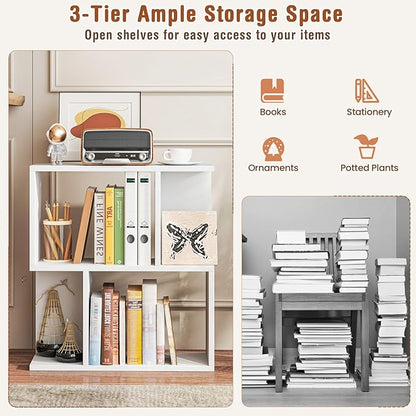 Tangkula 3 Tier Geometric Bookshelf, S Shaped Open Bookcase with Storage, Home Office Decor, Freestanding Wood Display Shelf for Living Room Study, Small Bookshelf for Small Spaces (1, White)