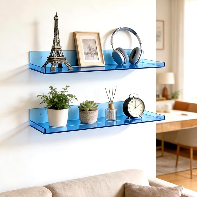 Floating Shelves for Wall Acrylic Wall Shelves for Bedroom Bathroom Living Room Kitchen 16.5X5.5'', Pack of 2, Blue