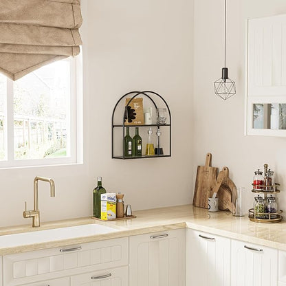 Crofy Black Arched Frame Wall Shelf, Decorative 2 Tier Bathroom Wall Shelf with Transparent Tempered Glass Shelves and Robust Storage Capacity, 5.1" D x 16.3" W x 18.6" H