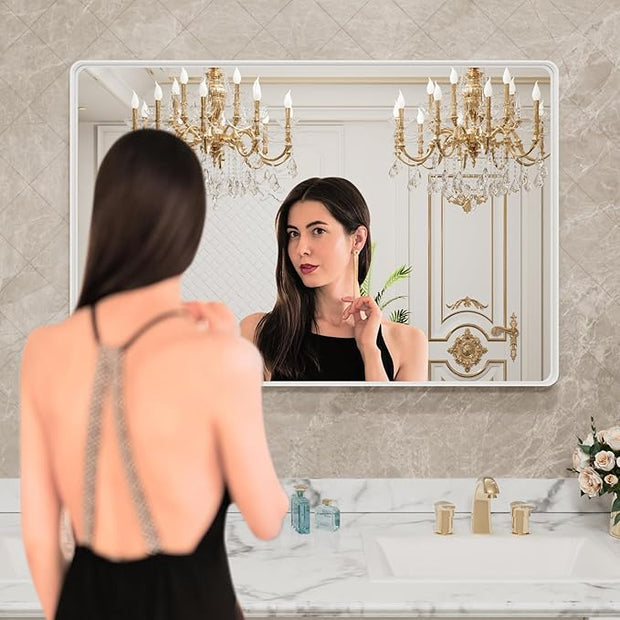 LOAAO 40x36 Inch White Metal Framed Bathroom Mirror for Wall, White Bathroom Vanity Mirror Farmhouse, Large Rounded Rectangle Mirror, Anti-Rust, Tempered Glass, Hangs Horizontally or Vertically