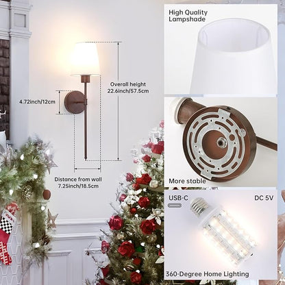 Battery Operated Wall Sconces Set of 2, Walnut Color Wall Lamp 6000 mAh Rechargeable Bulb with 12 RGB Colors Dimmable Wall Sconce for Living Room Bedroom