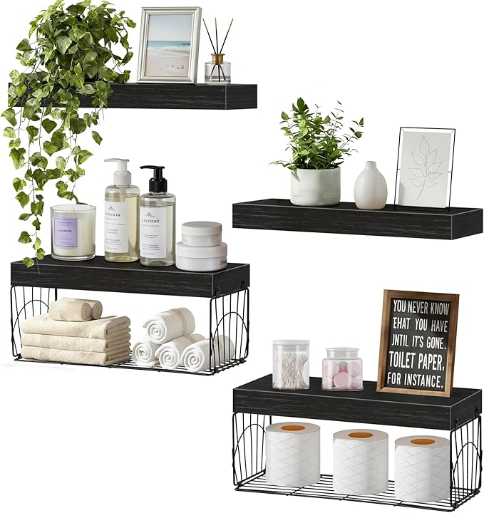 4 Pack Wall Mounted Rustic Wood Floating Shelves with 2 iron Hanging Baskets, Bathroom Shelves Over Toilet, Toilet Paper Storage, Farmhouse Decor Hanging Shelf for Living Room, Kitchen, 16 inch, Black