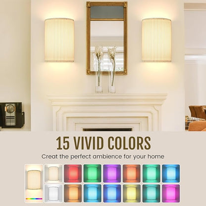 Battery Operated Wall Sconces Set of 2, 5000mAh Rechargeable RGB Wall Lamp with Remote, 3 Colors 10 Levels Brightness Wireless Sconces Wall Decor Set of 2 with Timer for Bedroom Living Room…
