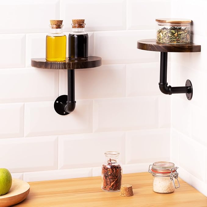 Navaris Industrial Pipe Shelf Set - 3 Small Rounded Wood Shelves with Shelf Brackets - 7.9" x 5.9" Wall-Mounted Wooden Shelving - Size S, Dark Brown