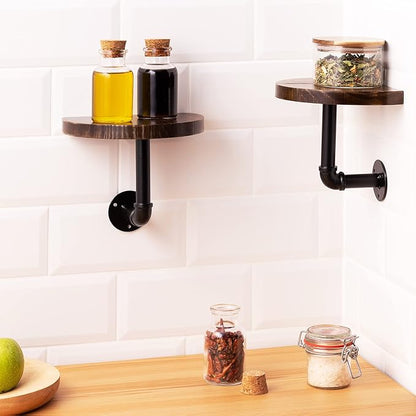 Navaris Industrial Pipe Shelf Set - 3 Small Rounded Wood Shelves with Shelf Brackets - 7.9" x 5.9" Wall-Mounted Wooden Shelving - Size S, Dark Brown