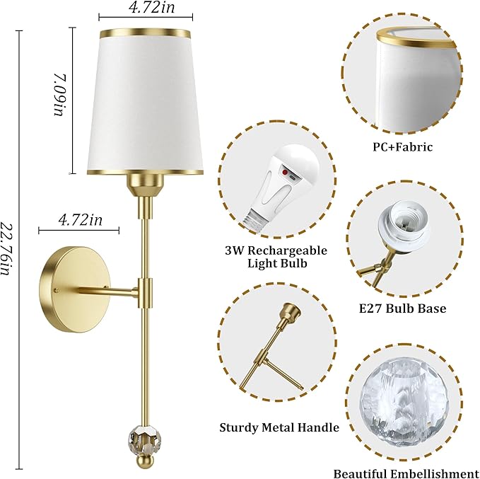 PAIHOME Gold Wall Sconces Set of Two, Wireless Battery Operated Wall Sconces with 5000mAh Dimmable 15 Colors Bulb and Remote, Rechargeable Wall Sconce for Bedroom Living Room Bathroom Hallway