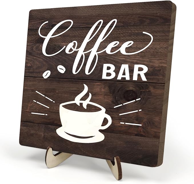 Funny Coffee Bar Decor Sign – Rustic Wooden Plaque for Coffee Station, Farmhouse Cafe Shelf Accessories, Desk or Kitchen Counter Decor,Birthday,Mother Day Gift 5.9 x 5.9 Inch (Brown)