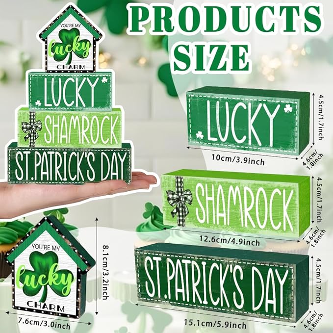 DIYDEC 4Pcs St.Patrick's Day Table Decoration Shamrocks House Wooden Block Signs Rustic St. Patrick Tiered Tray Decor Happy St.Patrick's Day Centerpiece Sign for Farmhouse Holiday Tabletop Party Decor