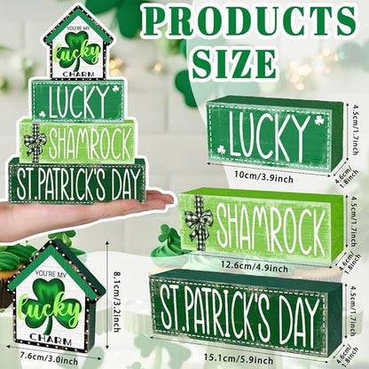 DIYDEC 4Pcs St.Patrick's Day Table Decoration Shamrocks House Wooden Block Signs Rustic St. Patrick Tiered Tray Decor Happy St.Patrick's Day Centerpiece Sign for Farmhouse Holiday Tabletop Party Decor