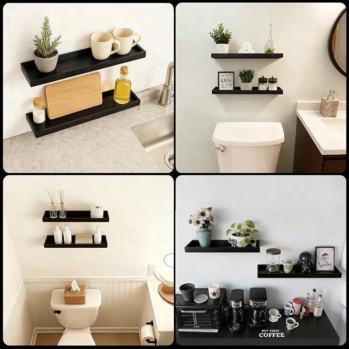 2 Pack 23.6 in Black Floating Shelves for Wall, Wooden Wall Shelves for Bedroom Living Room Kitchen, Modern and Rustic Bathroom Shelves with Raised Lip, Decor Floating Shelf for Storage Display