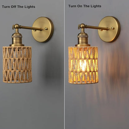 Yosoan Rattan Boho Wrapped Wall Sconce Light, Indoor Hardwired Hand-Woven Farmhouse Vintage Wall Lamps, Brass Handmade Braided Rope Small Straight Shade Wall Mount Fixture for Reading Hallway(Antique)