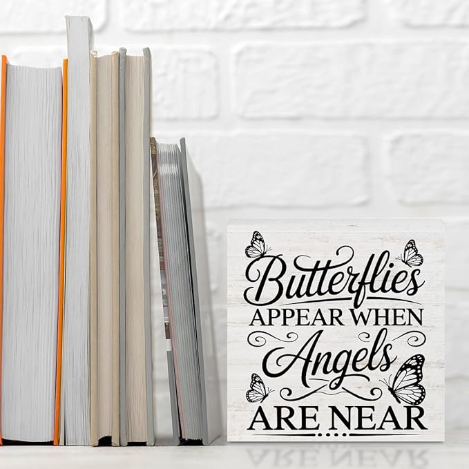 Rustic Religious Sympathy Quote Wood Box Sign Butterflies Appear When Angels are Near Wooden Box Sign Home Desk Shelf Decor Christmas Birthday Gifts for Women Friends Family
