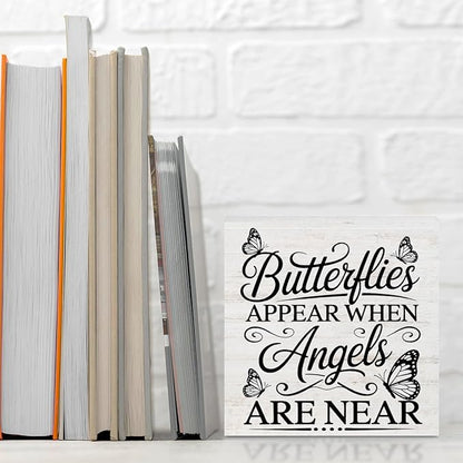 Rustic Religious Sympathy Quote Wood Box Sign Butterflies Appear When Angels are Near Wooden Box Sign Home Desk Shelf Decor Christmas Birthday Gifts for Women Friends Family