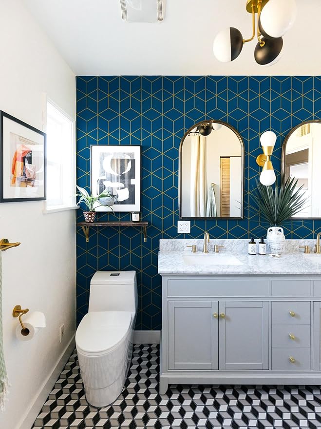 Safiyya Gold and Blue Wallpaper Peel and Stick Wallpaper Modern Geometric Contact Paper Waterproof Self Adhesive Wall Paper for Bathroom Vinyl Roll 590"x17.3"