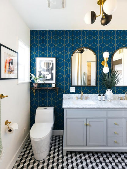Safiyya Gold and Blue Wallpaper Peel and Stick Wallpaper Modern Geometric Contact Paper Waterproof Self Adhesive Wall Paper for Bathroom Vinyl Roll 590"x17.3"
