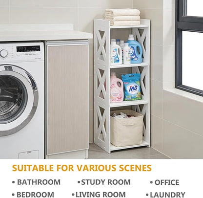 Small Bathroom Storage Corner Shelf, Waterproof PVC Narrow Floor Stand, Slim Gap Filler Organizer for Toilet Side, Laundry Room, Shower, Kitchen Spice Rack, White Restroom Holder (4-Tier)