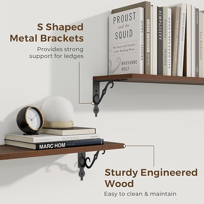 RICHFOCUS Floating Shelves for Wall Decor, 24Inch Shelves Set of 2, 24W x 8D Floating Shelves Wall Mounted with Metal Brackets, Rustic Wood Shelves for Living Room Bedroom Kitchen, Walnut