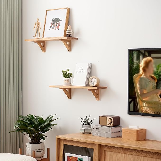 Floating Shelves Oak 32 inches Natural Wood Wall Shelf Wall Mounted Rustic Floating Shelf with Brackets for Bedroom Living Room Bathroom Kitchen Office Wall Storage Shelf