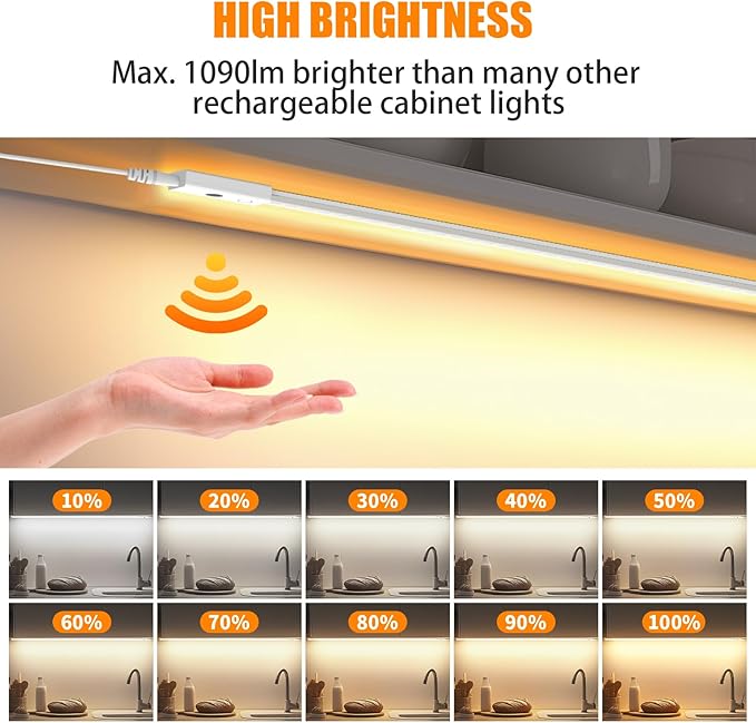 Smart Under Cabinet Lights, 40in Plug in Under Cabinet Lighting with Handwave Sensor, Bright Dimmable 5 Color Temp Stick on Closet Light, Slim Cuttable Under Counter Lights for Kitchen Desk Shelf
