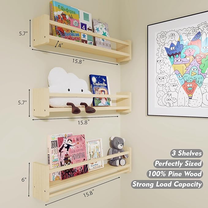 Nursery Floating Bookshelf for Kids, Wall Mounted Kids Book Shelf with Toy Storage, Pine Wood Nursery Shelves for Playroom, Bedroom, Toddler Room, Set of 3 (Pine, 15.8 Inches)