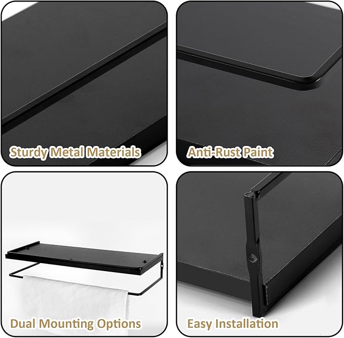 Floating Bathroom Shelves Set of 2 Wall Mounted Shelf with Black Metal Frame and Towel Rack for Bathroom Over Toilet Storage and Organizers for Bedroom Living Room Kitchen Office