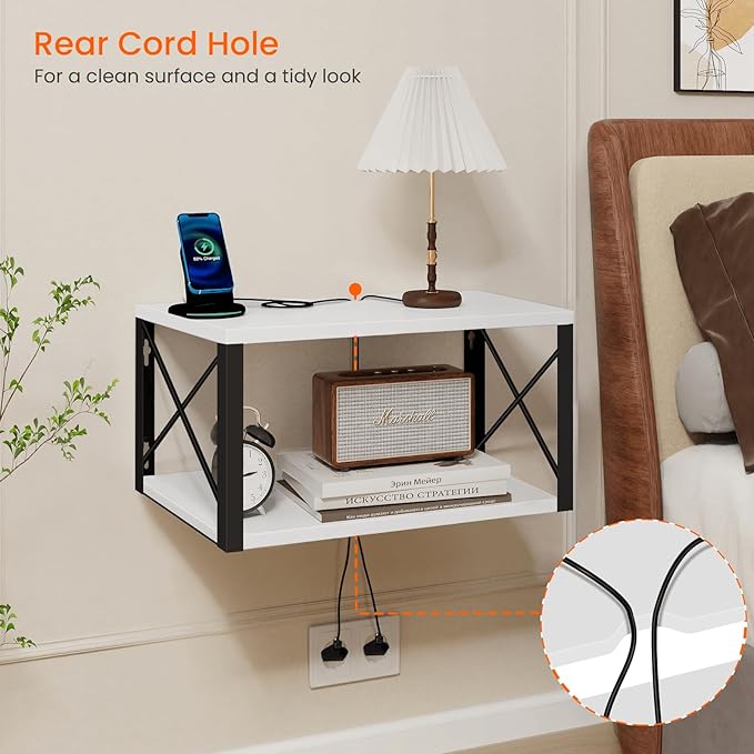 Homode Floating Night Stand, Modern Bedside Shelf Wall Mount, Wood Hanging Nightstand with Wire Hole, Floating Side Table for Bedroom Bathroom Living Room Small Places, White