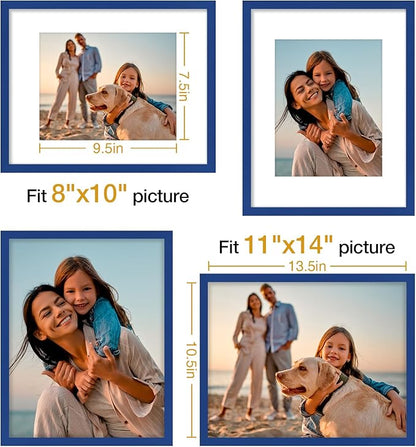Vittanly 11x14 Picture Frames Set of 4, Display Pictures 8x10 with Mat or 11x14 without Mat, Gallery Wall Frame Set for Wall or Tabletop, Engineered Wood with Shatter Resistant Plexiglass, Royal Blue