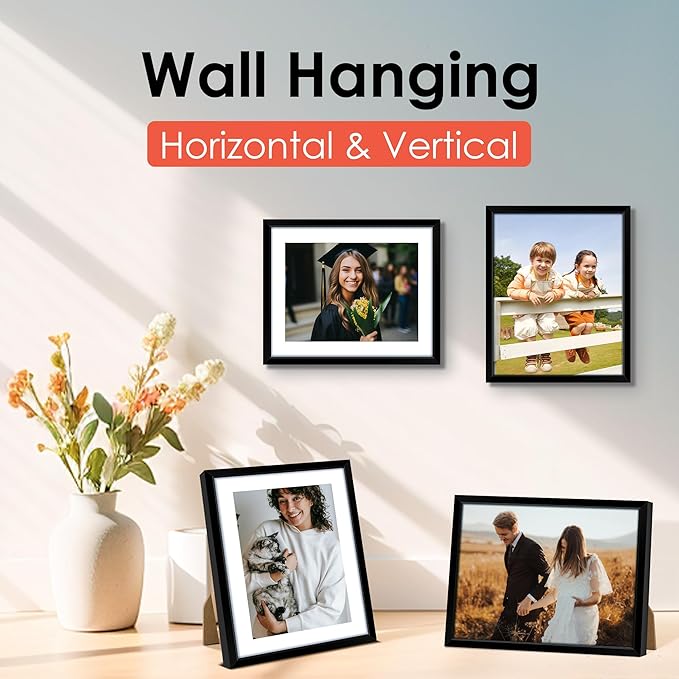 FIXSMITH 8x10 Picture Frame, Black Photo Frame with HD Plexiglass, Display Pictures 5x7 with Mat or 8x10 Without Mat, Picture Frames Collage for Tabletop or Wall Display, 2 Pack